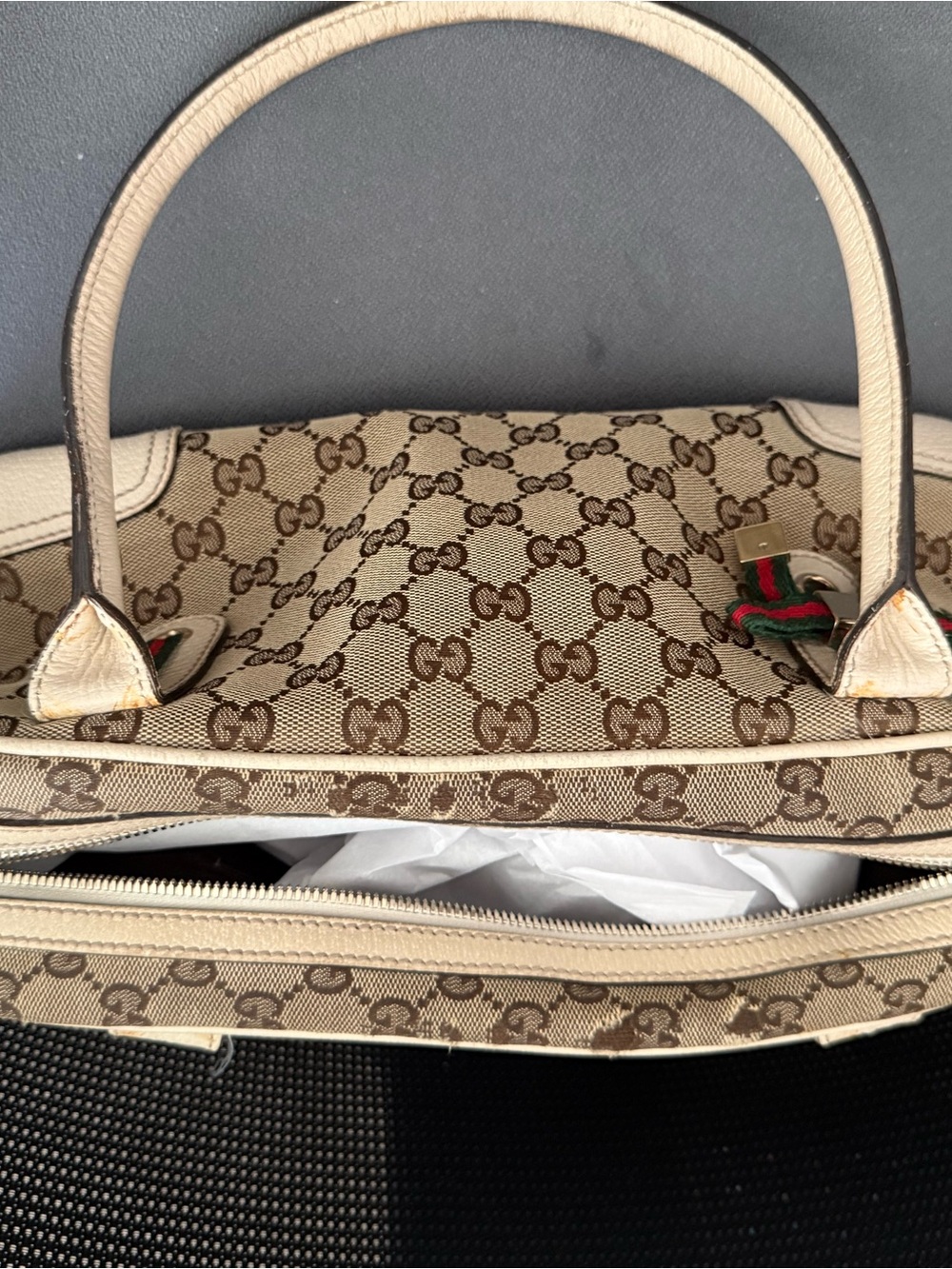 Gucci Beige Monogram GG Canvas Shoulder Bag with Green-Red Web